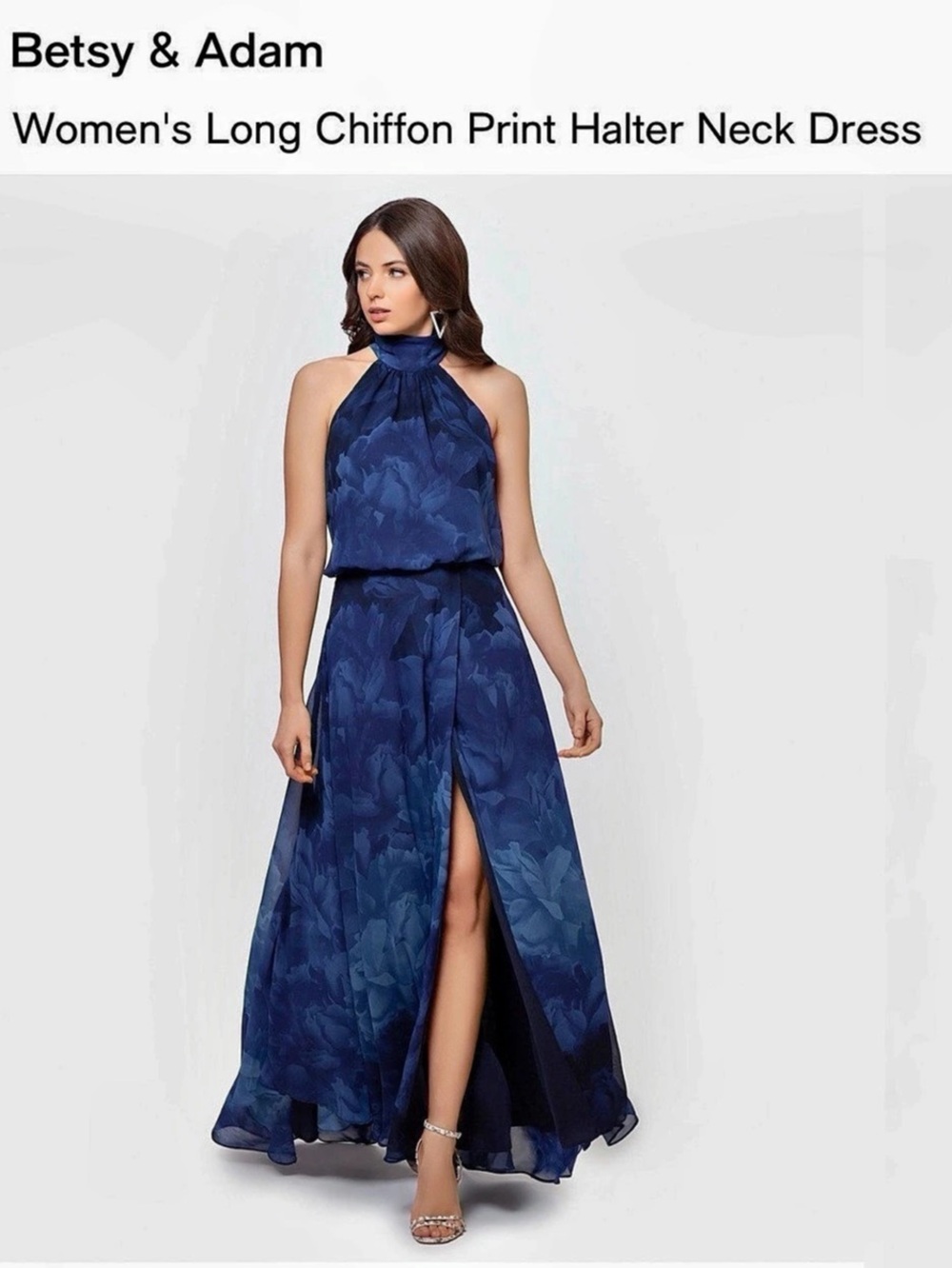 Betsy & Adam Long Chiffon Print Halter Neck Dress Floral Blue